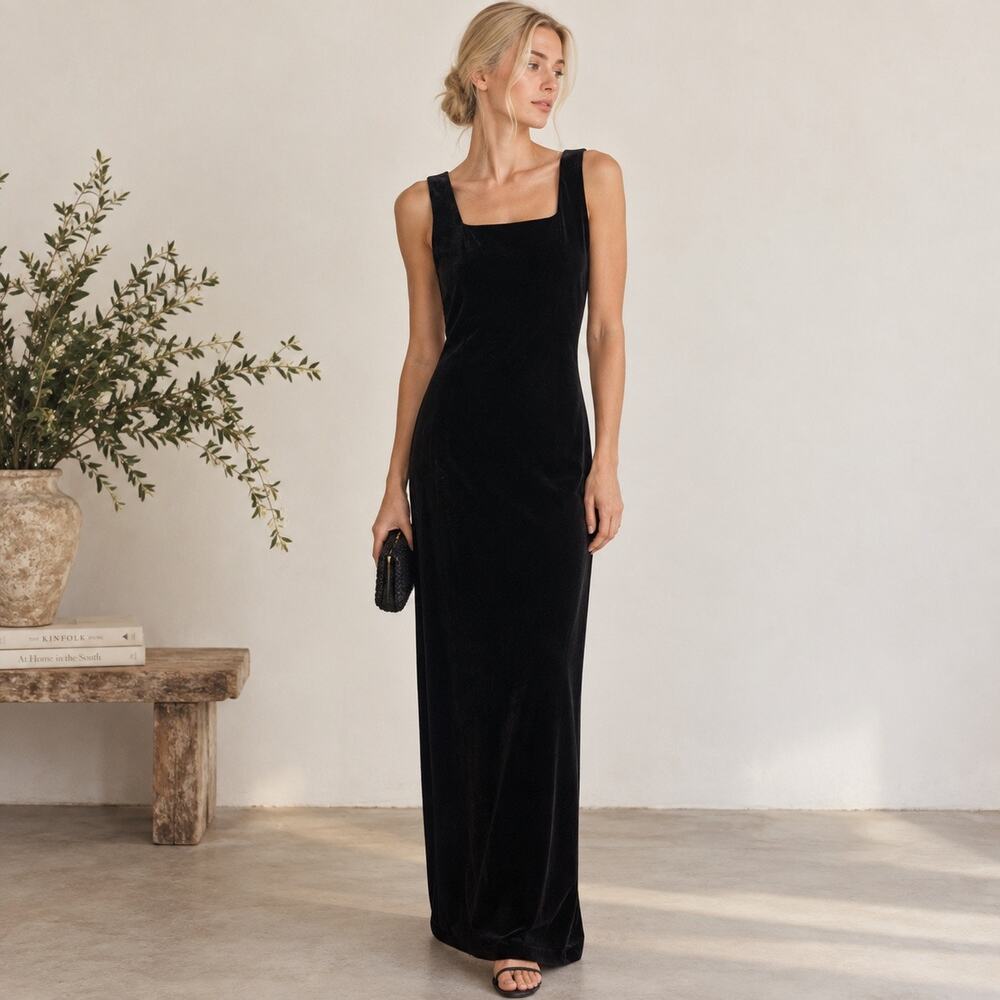 Vintage 90s Rhapsody Black Velvet Maxi Slip Dress Size 10 Stretch Made USA